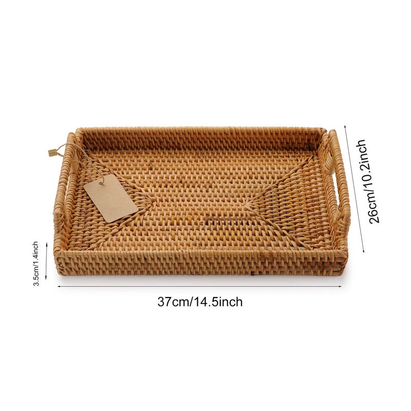 DECRAFTS Hand-Woven Rattan Rectangular Serving Tray with Handles for Breakfast, Drinks, Snack for Coffee Table (14.5x10.2x1.4inches) - Image 4